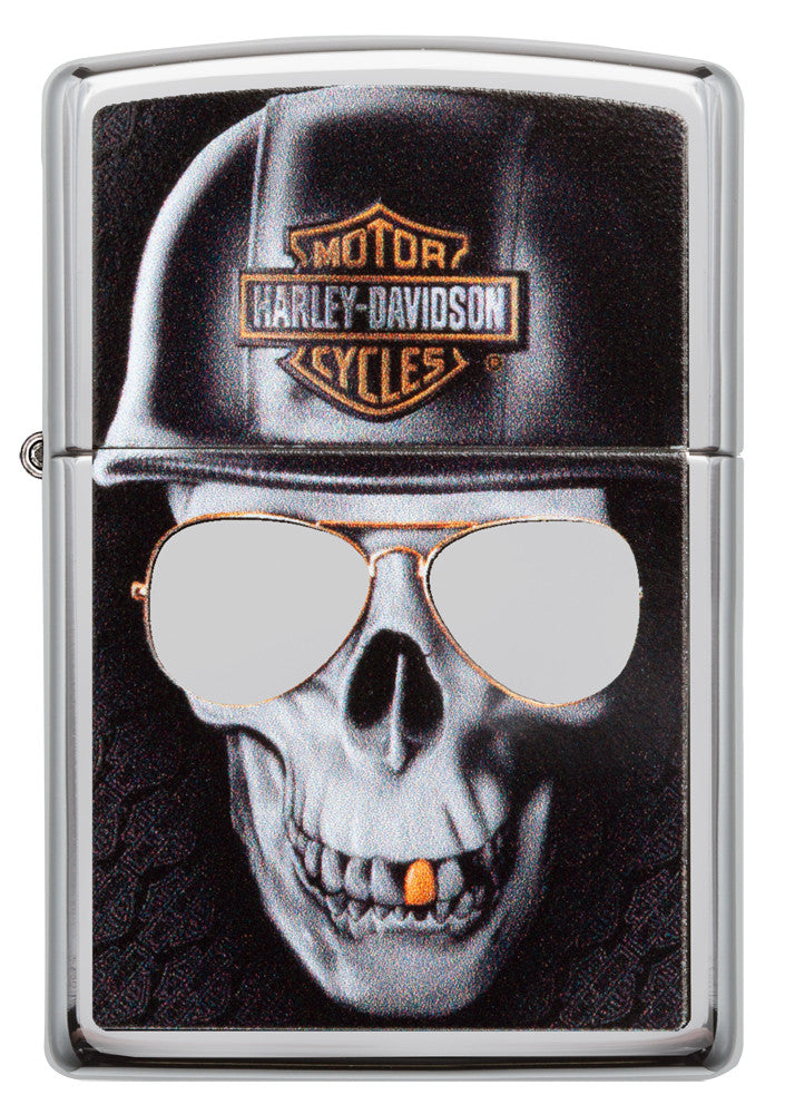 Frontansicht Zippo Feuerzeug chrom Harley Davidson großer Totenkopf mit Helm