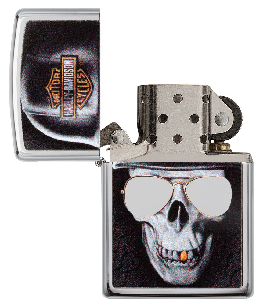 Zippo Feuerzeug chrom Harley Davidson großer Totenkopf mit Helm geöffnet