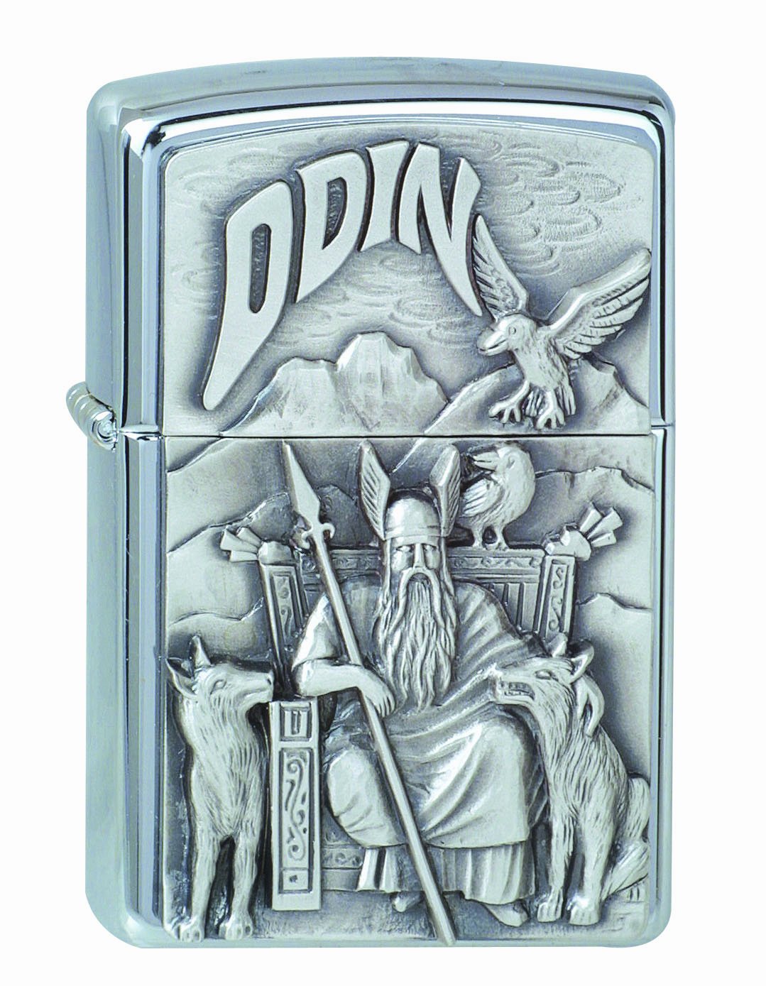 Frontansicht Zippo Feuerzeug chrom Göttervater Odin auf Thron sitzend