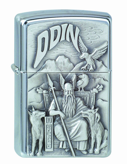 Frontansicht Zippo Feuerzeug chrom Göttervater Odin auf Thron sitzend
