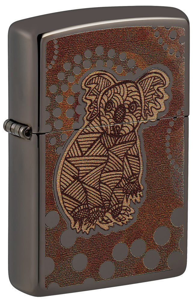 Zippo Feuerzeug Frontansicht ¾ Winkel Black Ice® mit farbiger Abbildung von einem Koala im Stil der Aborigine Kunst