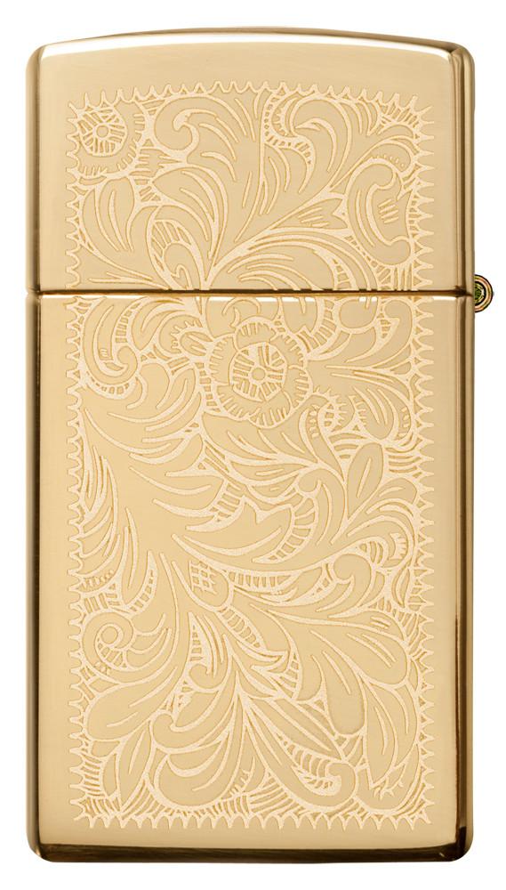 Rückansicht Zippo Feuerzeug Slim Brass mit venezianischem Blumen Design