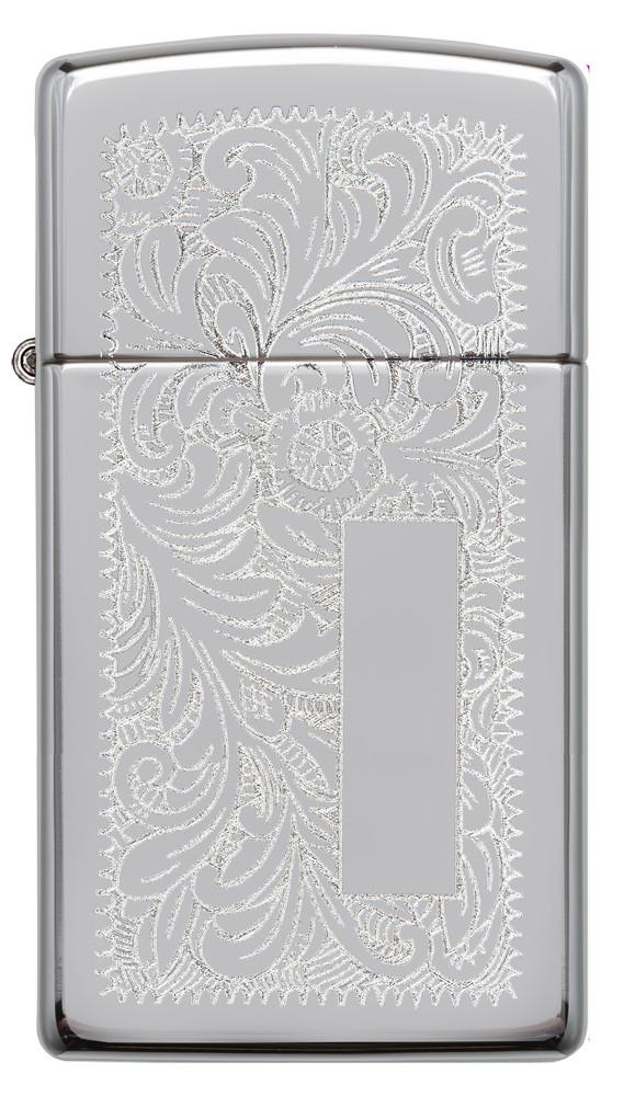 Frontansicht  Zippo Feuerzeug Slim Chrome Venezianisches Blumenmuster mit Initialplatte