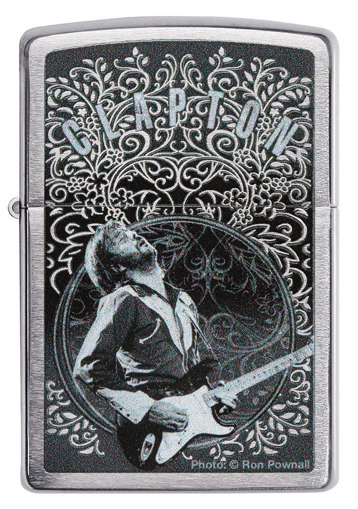 Zippo Feuerzeug Frontansicht gebürstetes Chrom mit Eric Clapton Bild von Ron Pownall