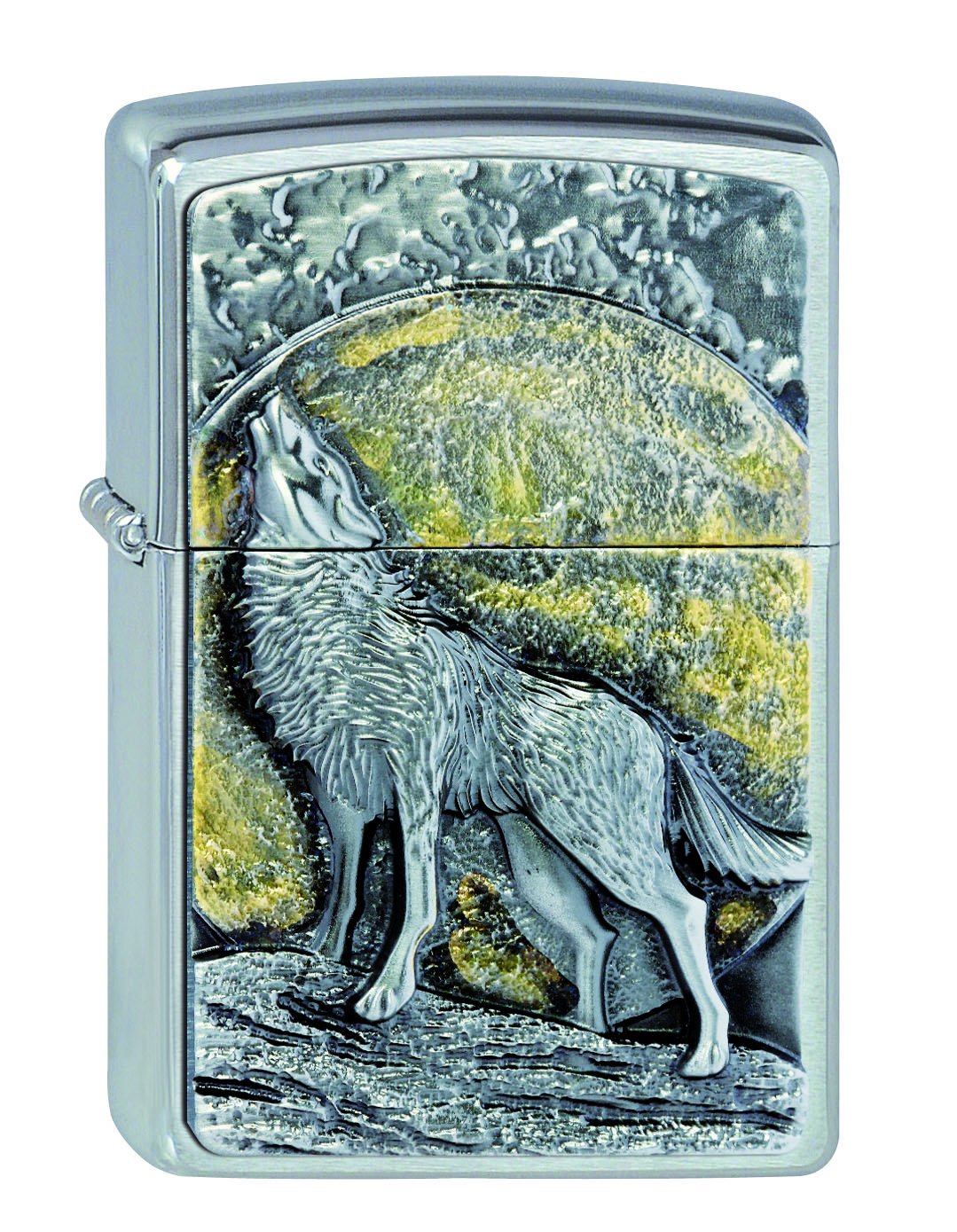 Frontansicht 3/4 Winkel Zippo Feuerzeug chrom Wolf auf Fels vor großem Vollmond