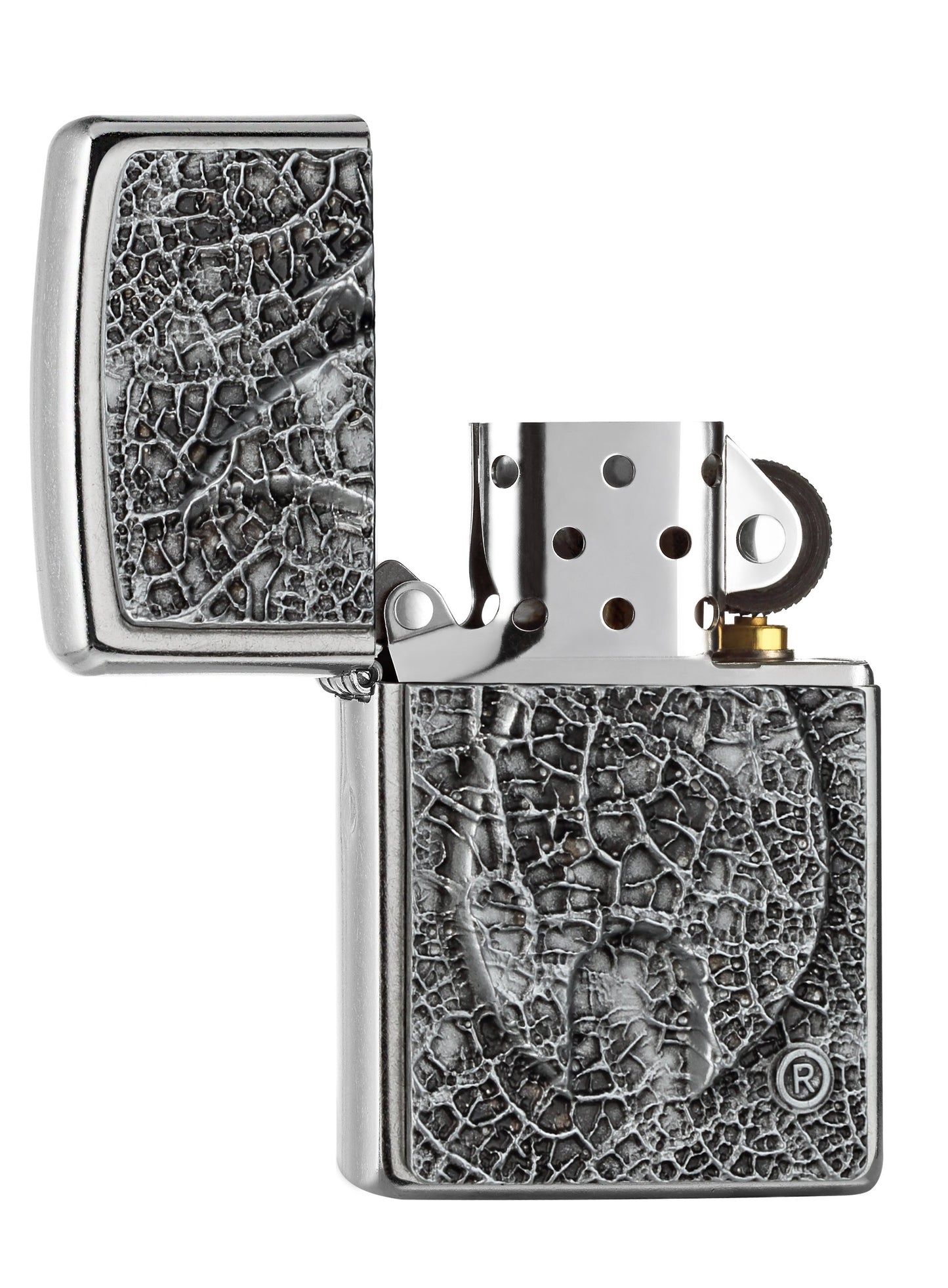 Zippo Feuerzeug Chrome Zippo Flamme mit Blattmaserung Emblem geöffnet