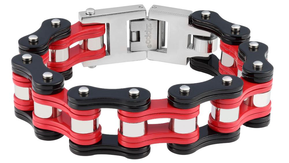 Frontansicht Armband in Form einer Motorradkette in rot silber schwarz