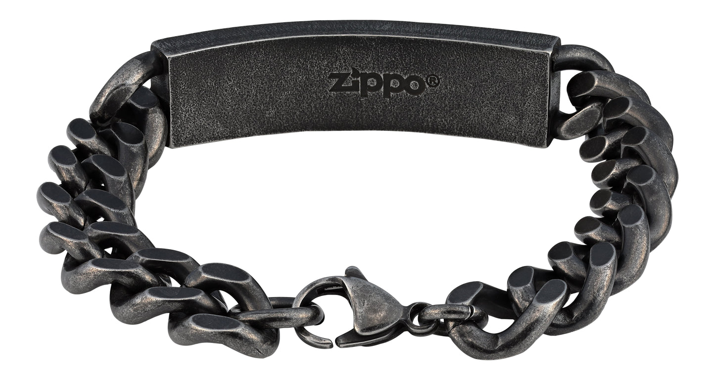 Zippo Armband Innenseite Edelstahl mit groben Kettengliedern und breiter Plakette in der Mitte mit Zippo Logo innen