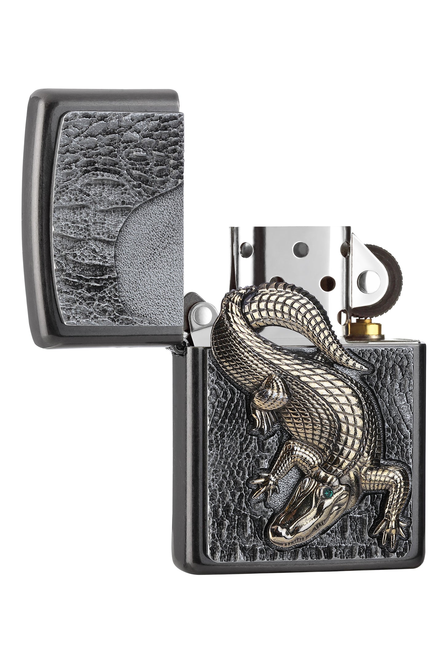Zippo Feuerzeug goldfarbenes Krokodil mit grünen Augen aus Swarovski Elementen geöffnet