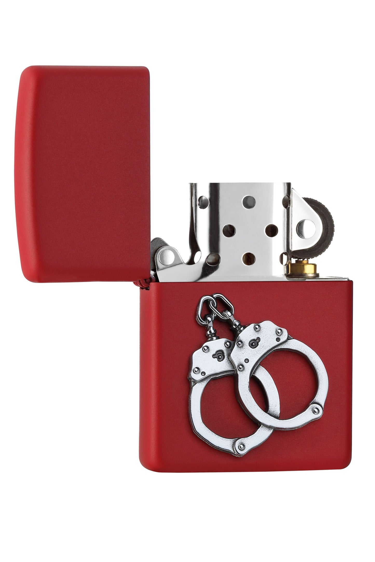 Frontansicht  Zippo Feuerzeug Red Matte Emblem mit silbernen Handschellen geöffnet