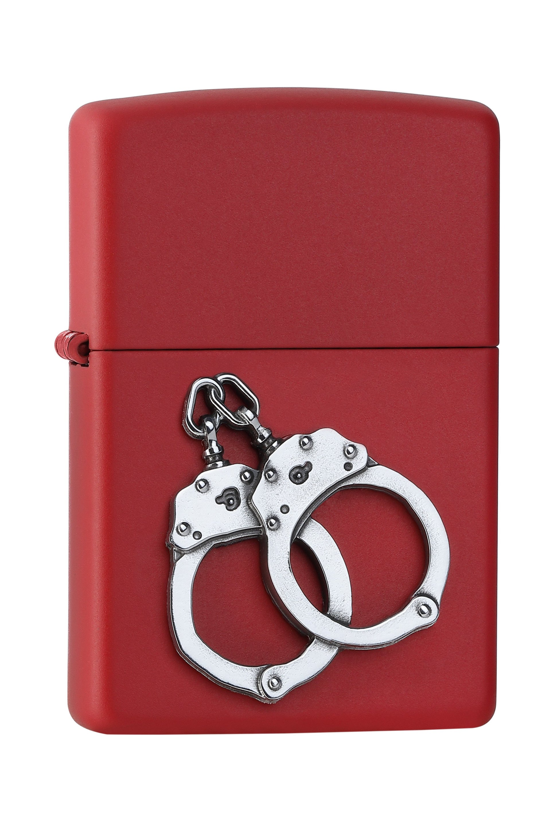 Frontansicht 3/4 Winkel Zippo Feuerzeug Red Matte Emblem mit silbernen Handschellen