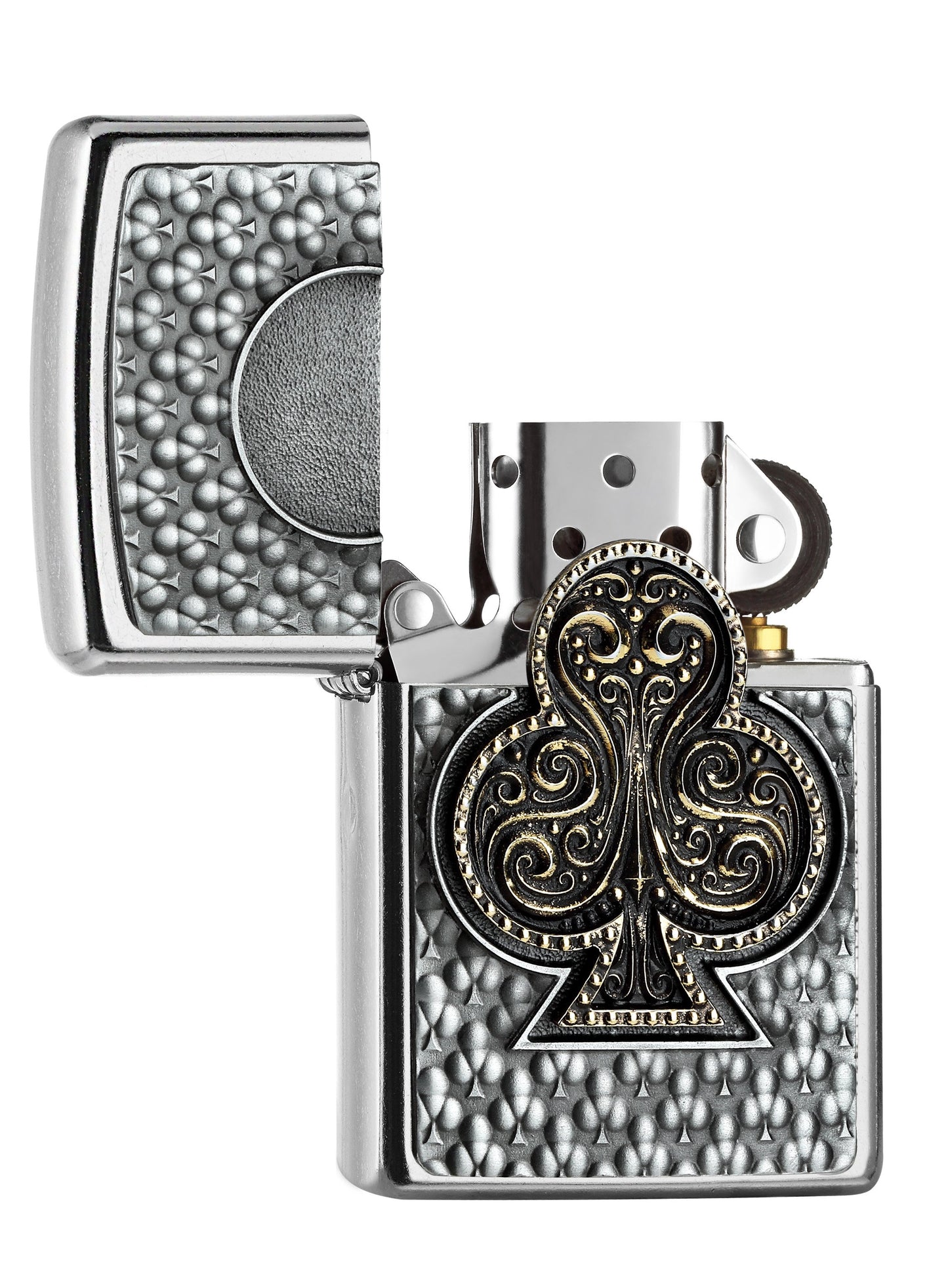 Zippo Feuerzeug Spielkarte Kreuz Emblem geöffnet