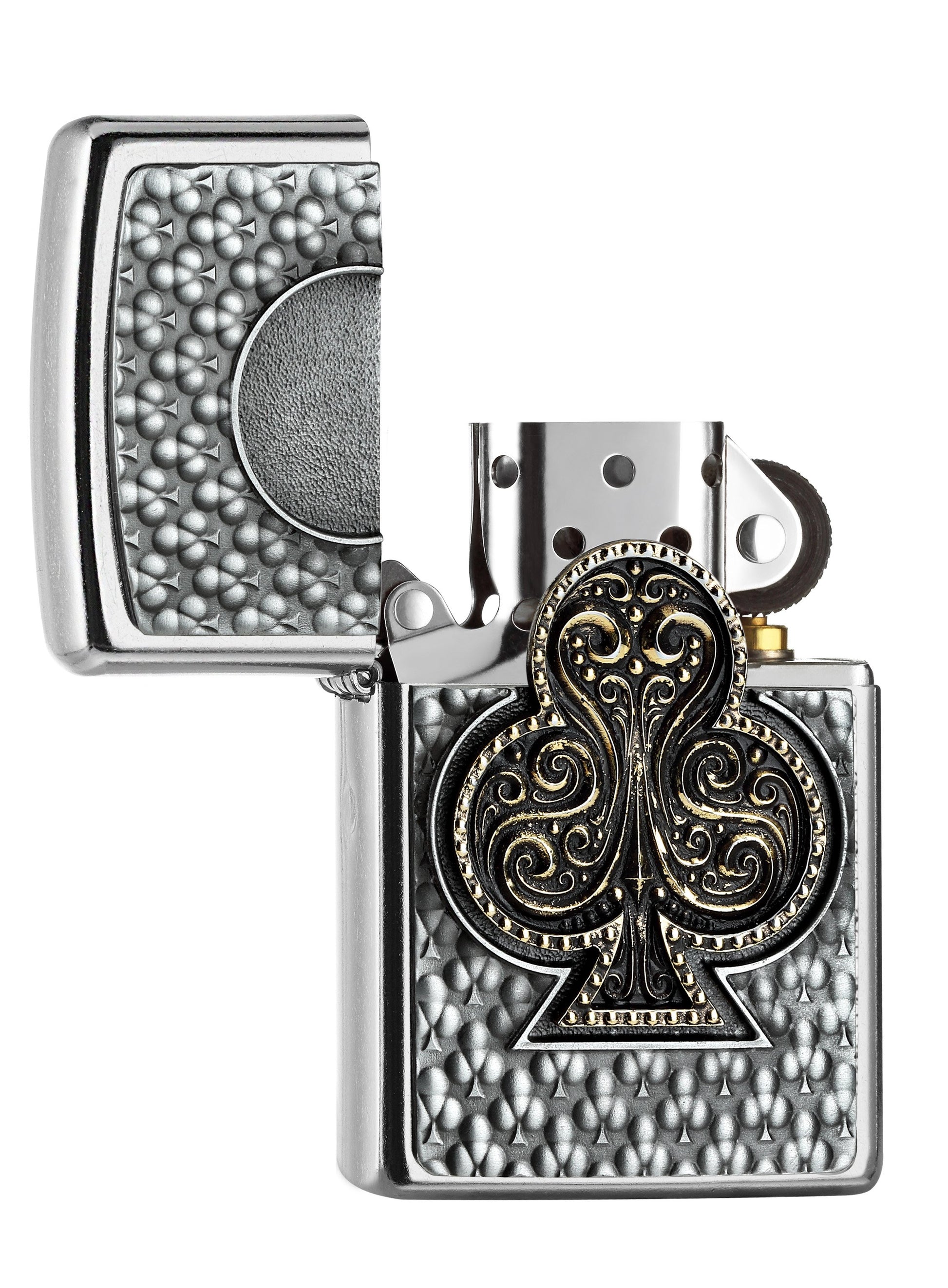 Zippo Feuerzeug Spielkarte Kreuz Emblem geöffnet