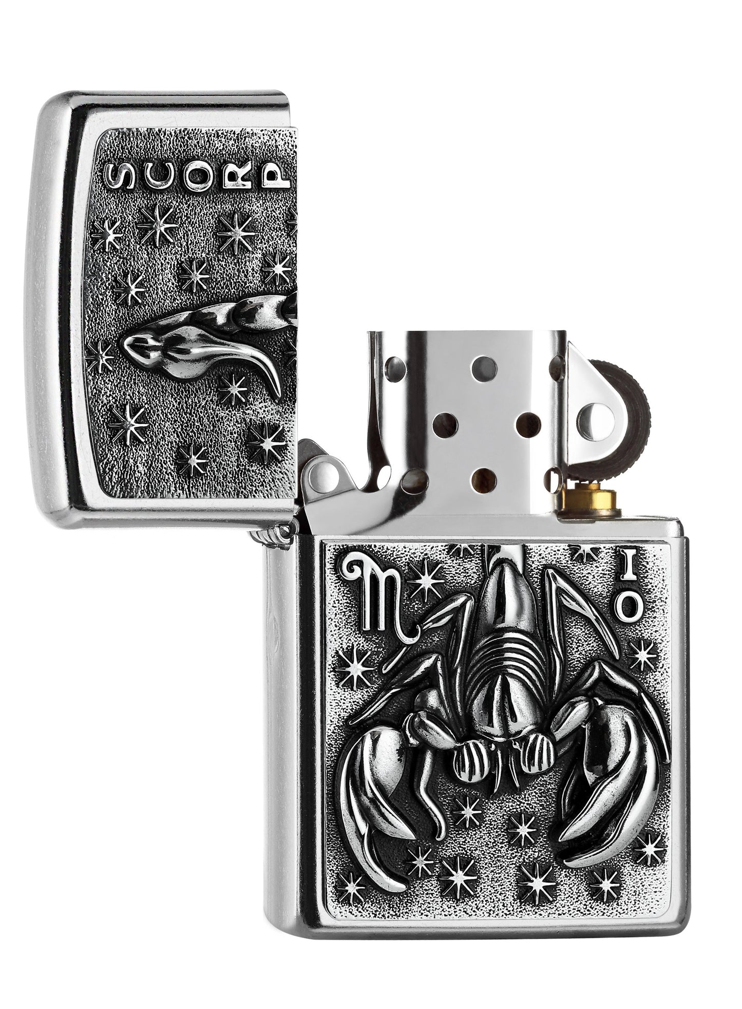Zippo Feuerzeug chrom Sternzeichen Skorpion geöffnet