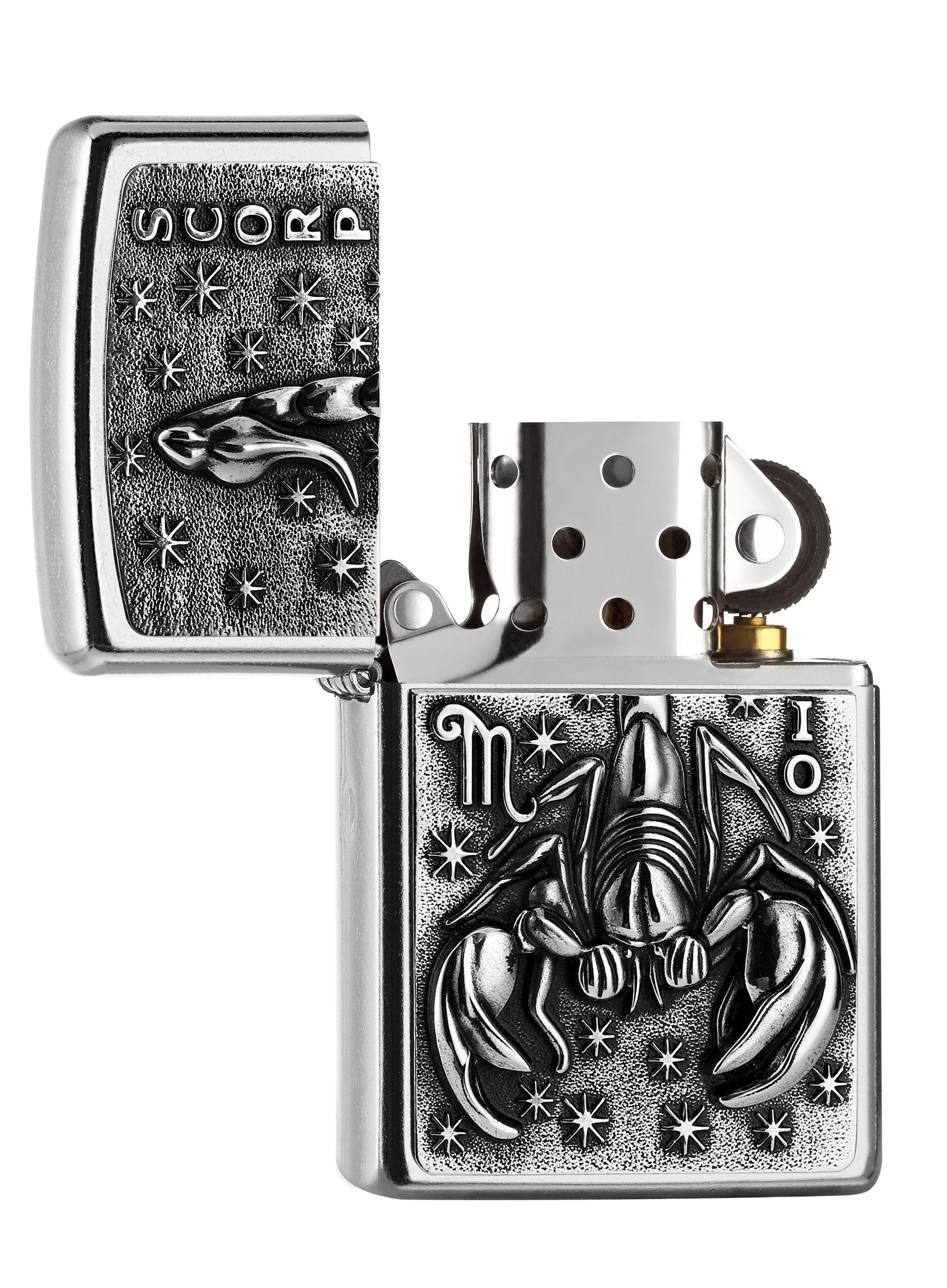 Zippo Feuerzeug chrom Sternzeichen Skorpion geöffnet