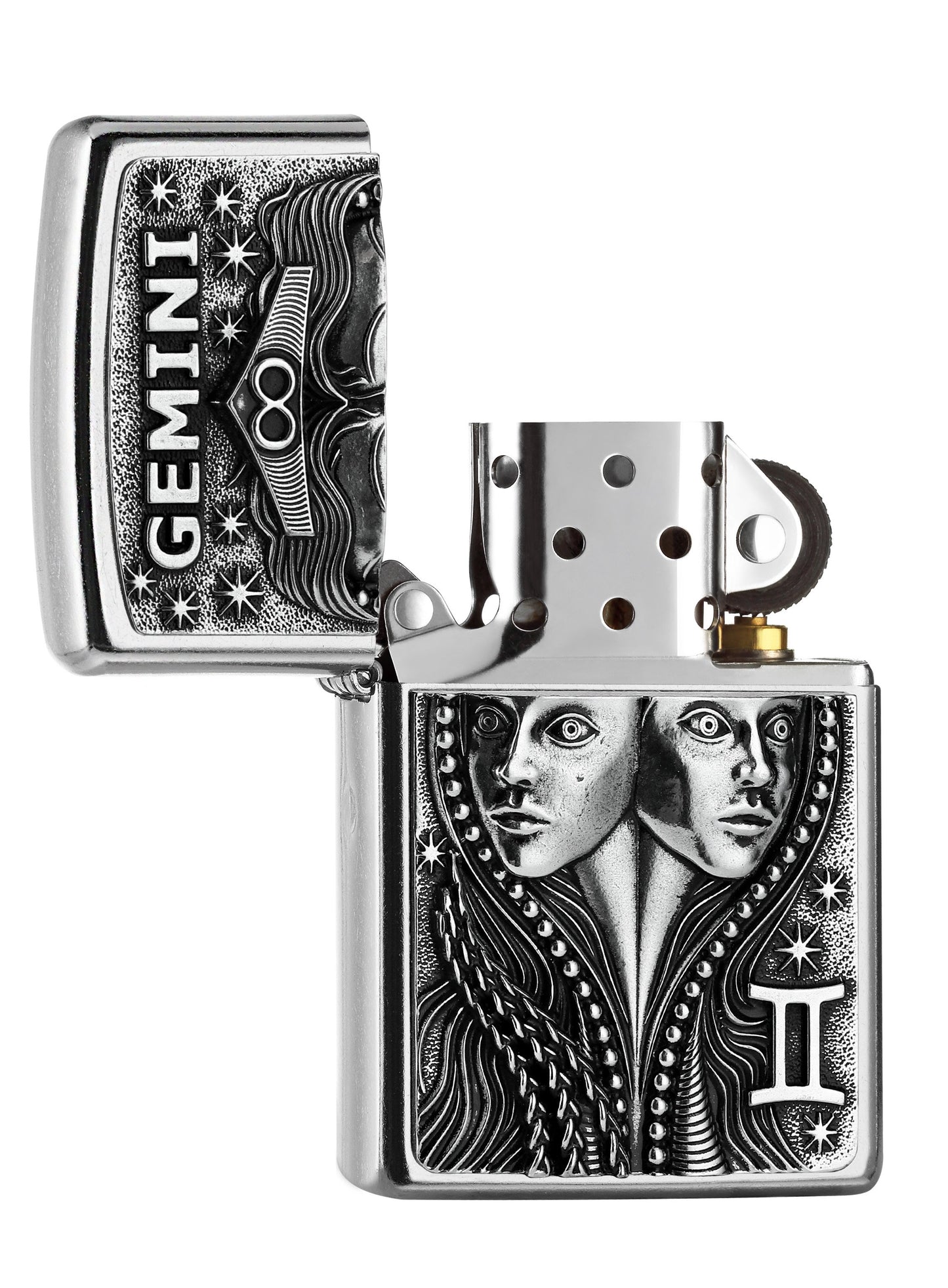 Zippo Feuerzeug Sternzeichen Zwilling Emblem geöffnet
