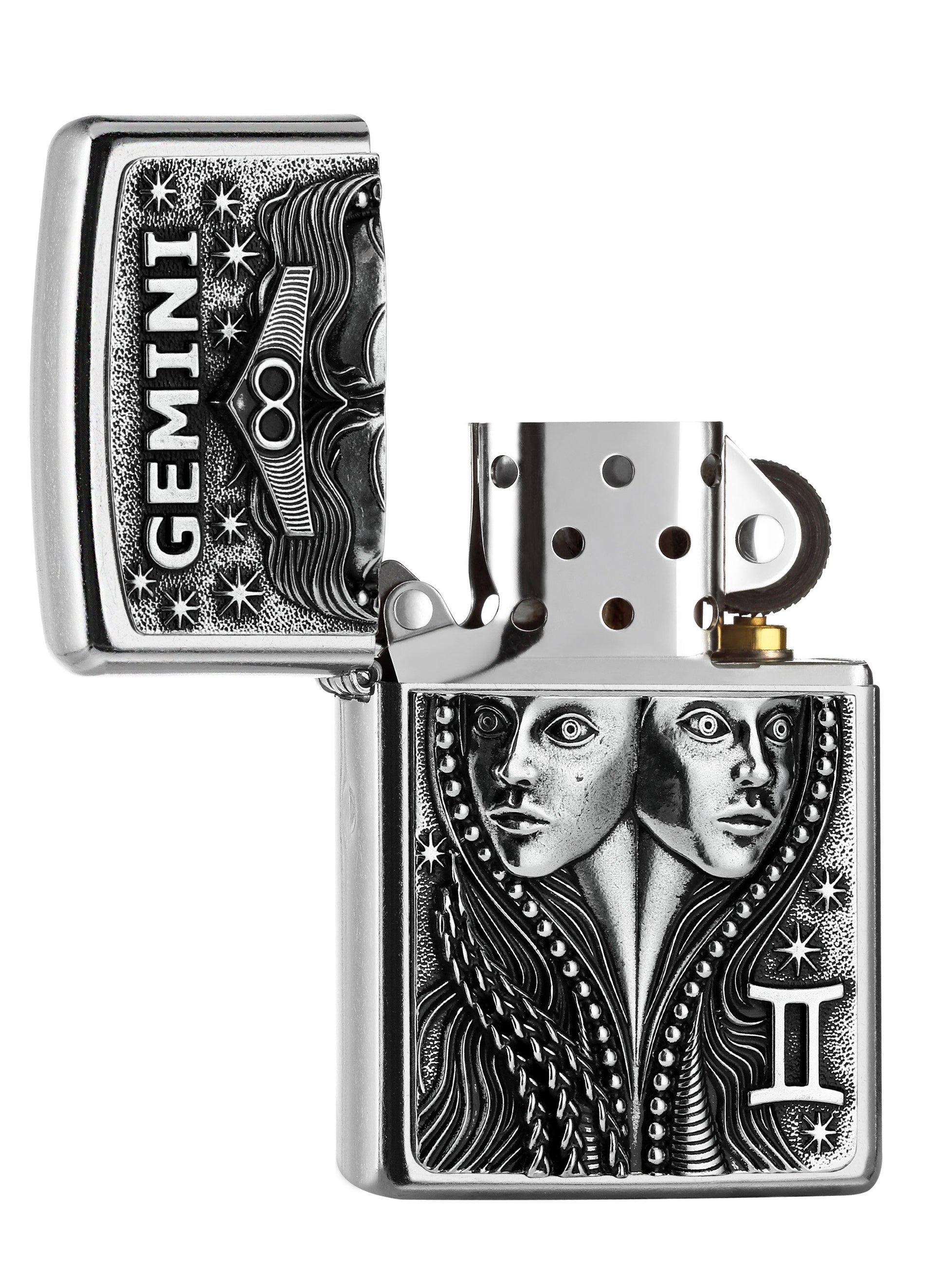 Zippo Feuerzeug Sternzeichen Zwilling Emblem geöffnet