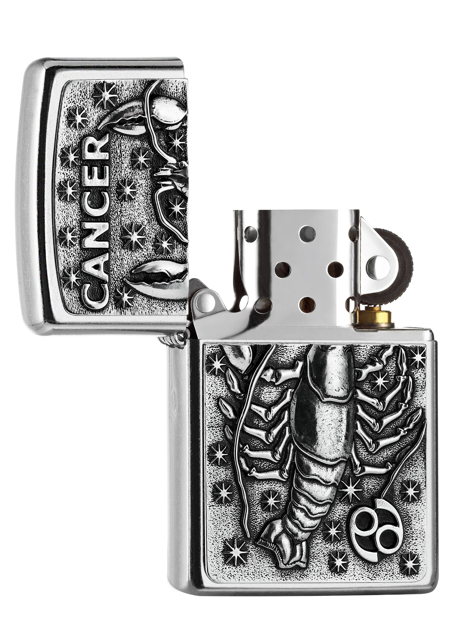 Zippo Feuerzeug Sternzeichen Krebs Emblem geöffnet