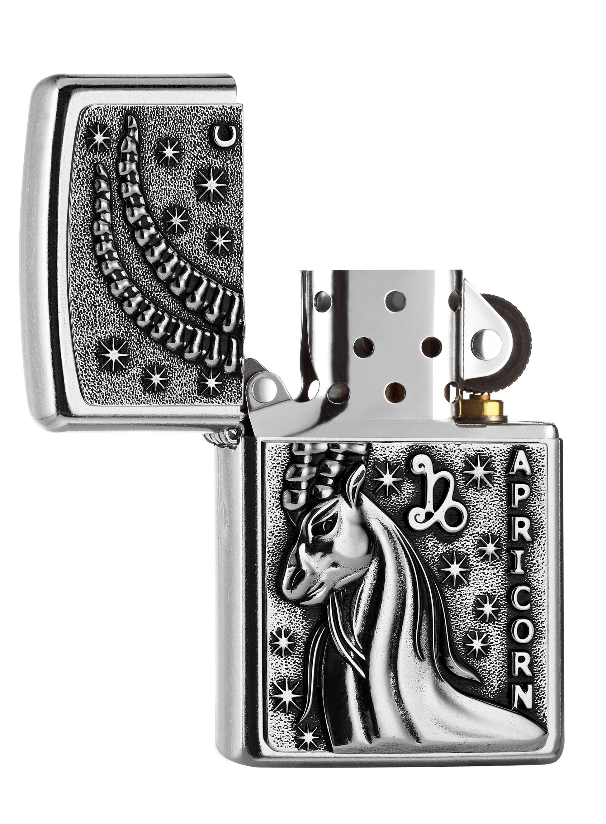 Zippo Feuerzeug Sternzeichen Steinbock Emblem geöffnet