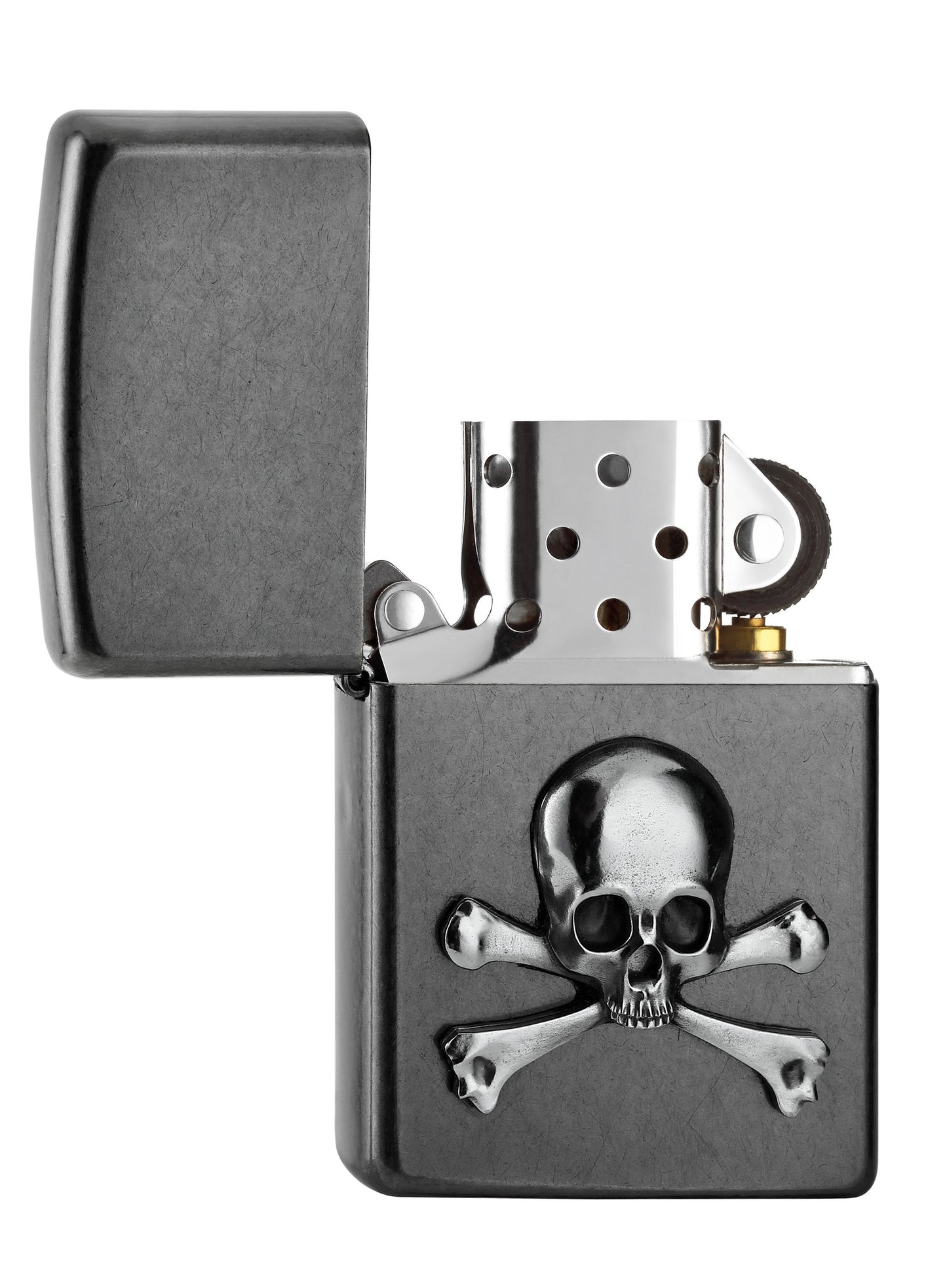 Zippo Feuerzeug grau mit Totenkopf im Jolly Roger Stil geöffnet