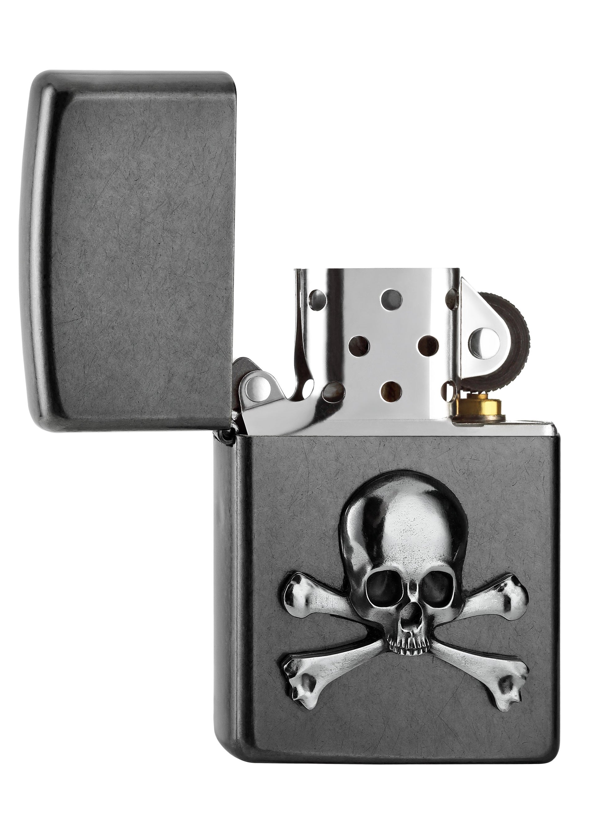 Zippo Feuerzeug grau mit Totenkopf im Jolly Roger Stil geöffnet