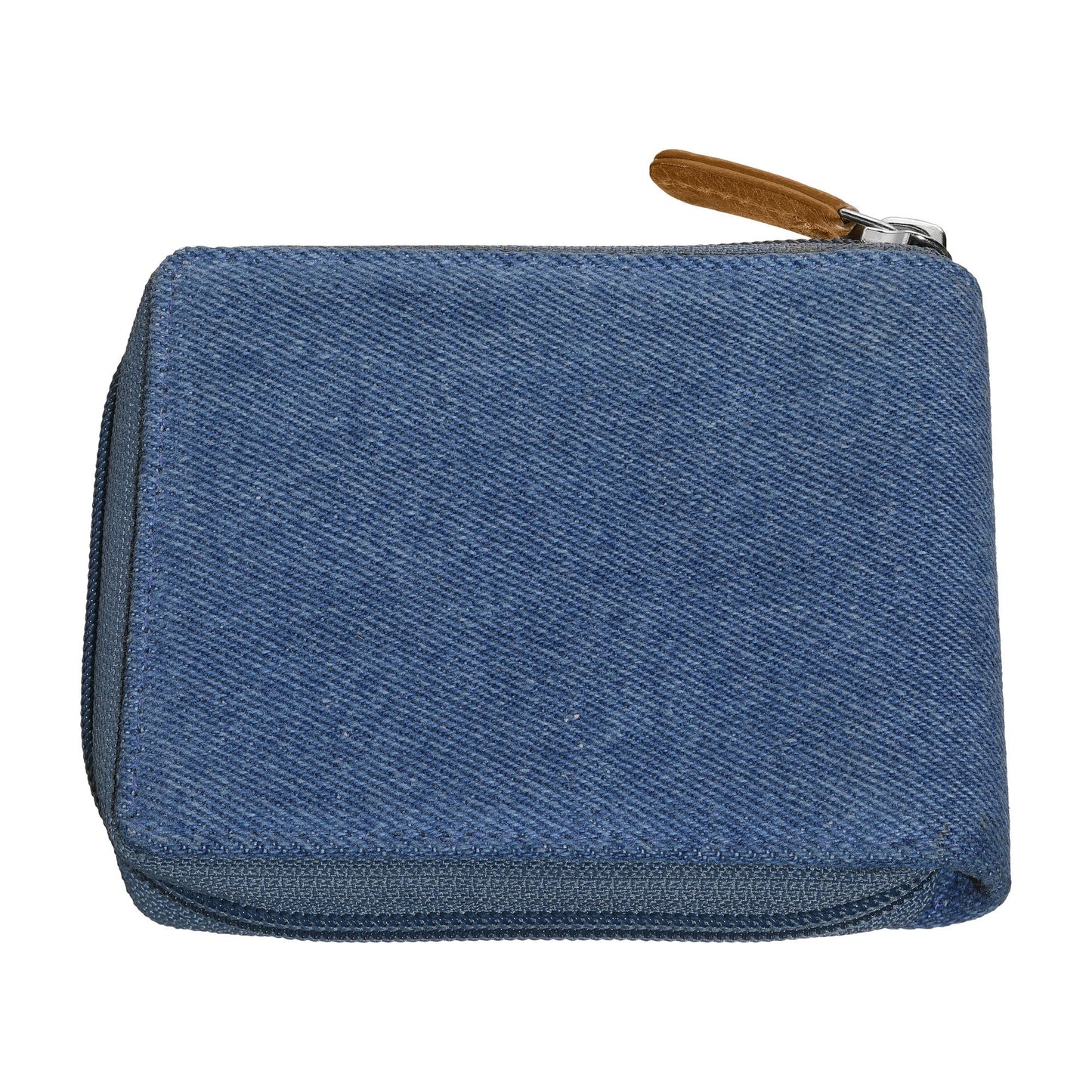 Rückansicht Zippo Querformatige Bi-Fold Zipper Geldbörse aus Jeansstoff und Leder