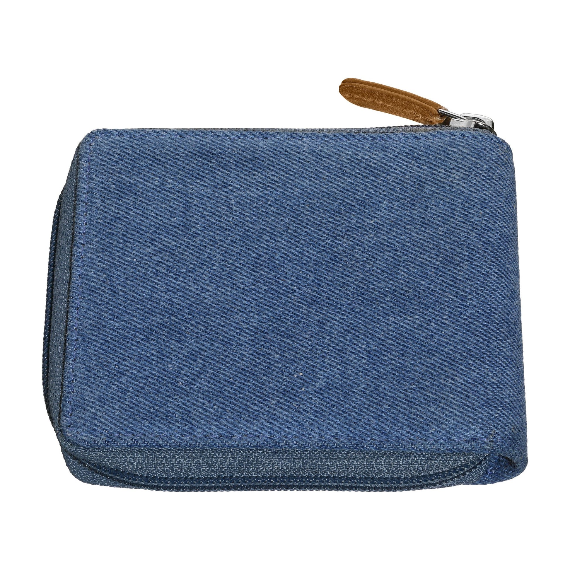 Rückansicht Zippo Querformatige Bi-Fold Zipper Geldbörse aus Jeansstoff und Leder