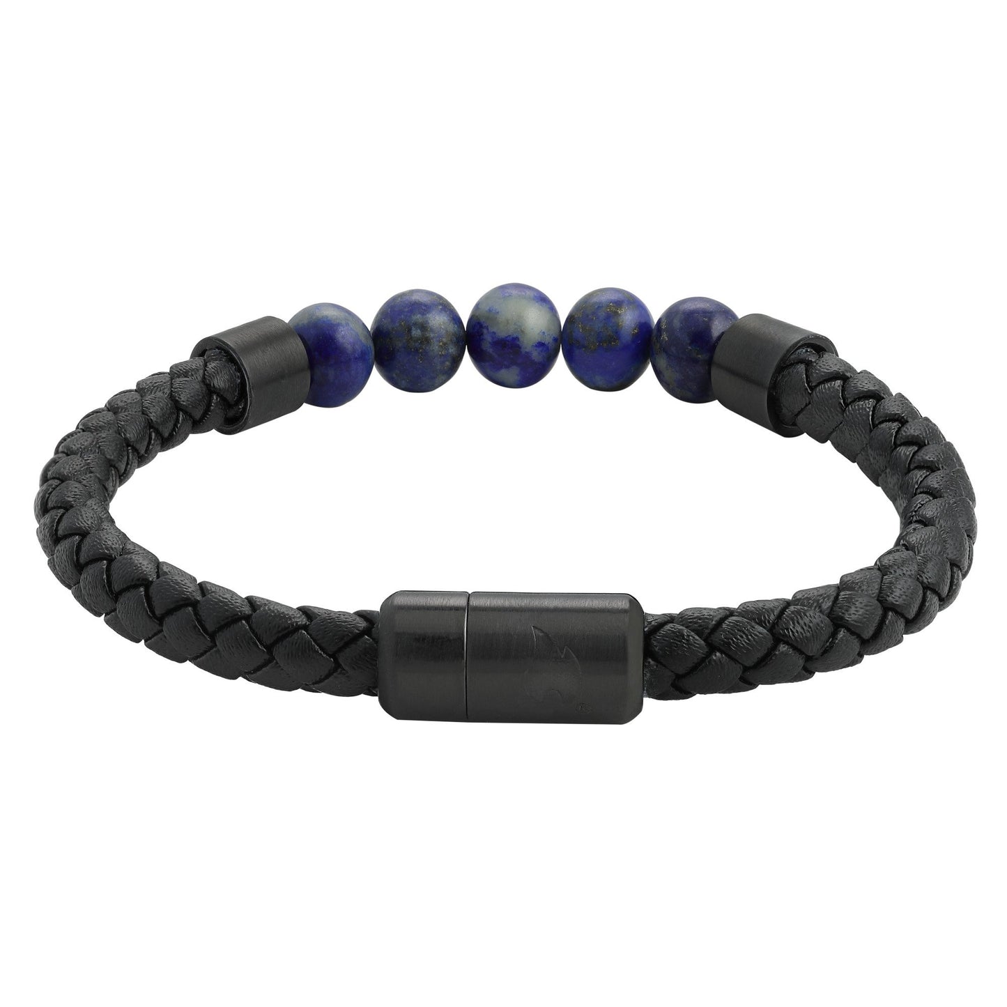 Zippo Lederarmband Rückansicht in schwarz mit 5 blauen Halbedelsteinen in der Mitte und Zippo Flamme auf dem Verschluss