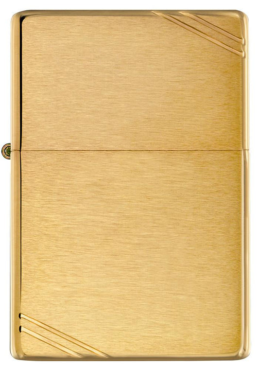 Frontansicht Zippo Feuerzeug Vintage Brass Brushed mit dekorativen Schrägstrichen an beiden Ecken