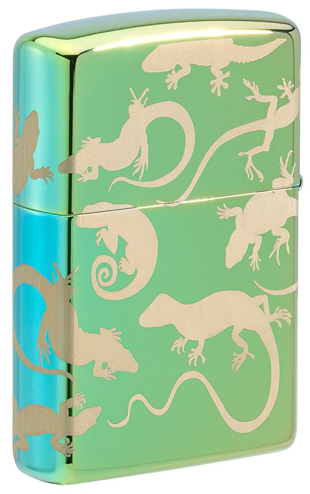 Rückansicht 3/4 Winkel Zippo Feuerzeug 360 Grad Design in Hochglanz Grün mit vielen Geckos