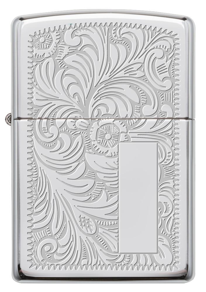 Frontansicht Zippo Feuerzeug High Polish Chrome mit venezianischem Design und Initialplatte