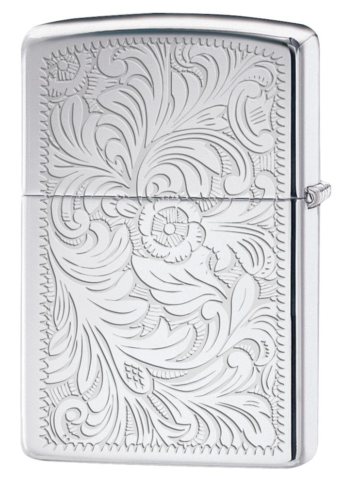 Rückansicht Zippo Feuerzeug High Polish Chrome mit venezianischem Design
