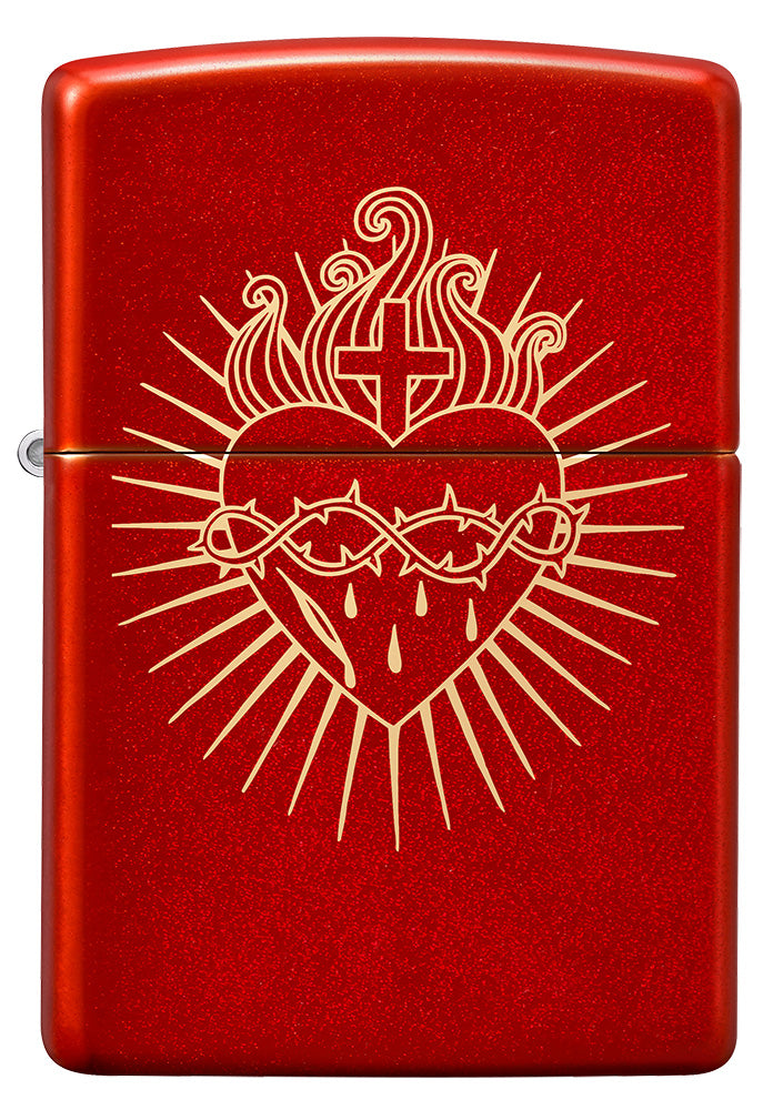 Zippo Feuerzeug Frontansicht Metallic Rot mit dem Heiligsten Herzens Jesu eingraviert