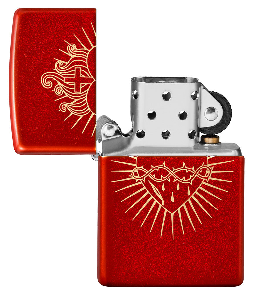 Zippo Feuerzeug Frontansicht Metallic Rot geöffnet mit dem Heiligsten Herzens Jesu eingraviert