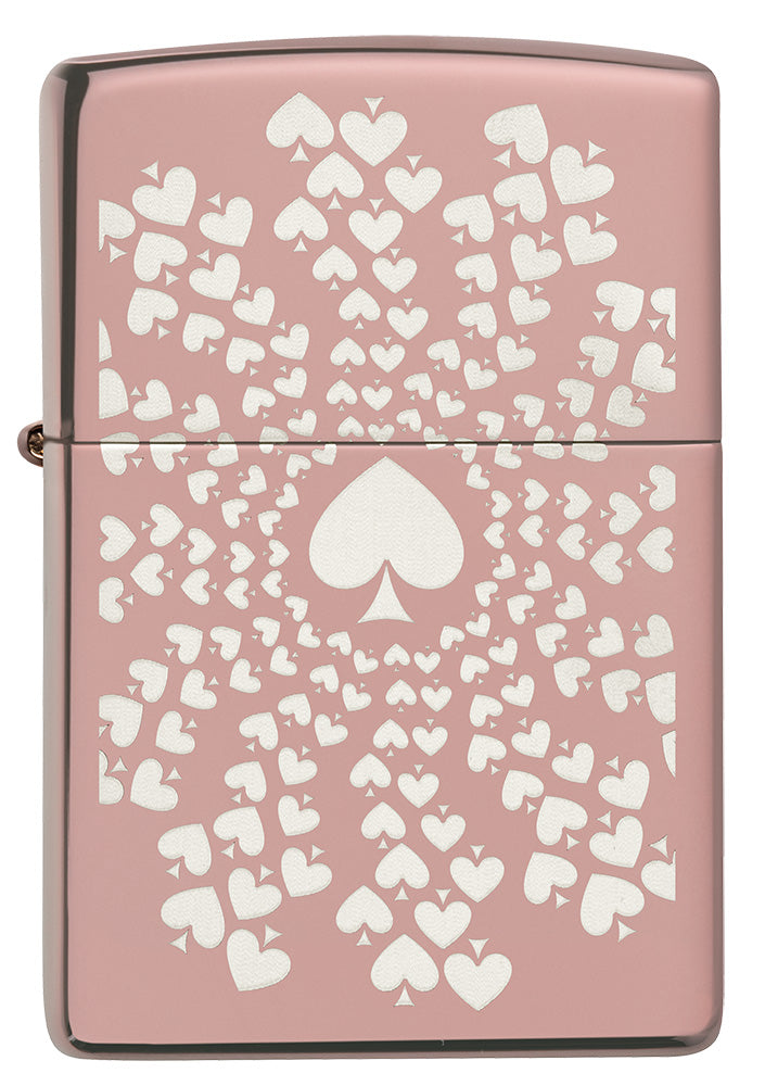 Zippo Feuerzeug Frontansicht Hochglanz Rose Gold mit vielen kreisförmig angeordneten Assen auf Chrome Hintergrund