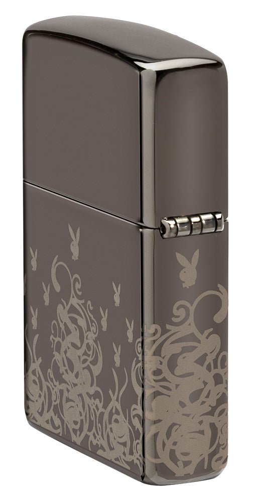 Zippo Feuerzeug Seitenansicht hinten Black Ice® mit Playboy Hasenköpfen und Wirbeln