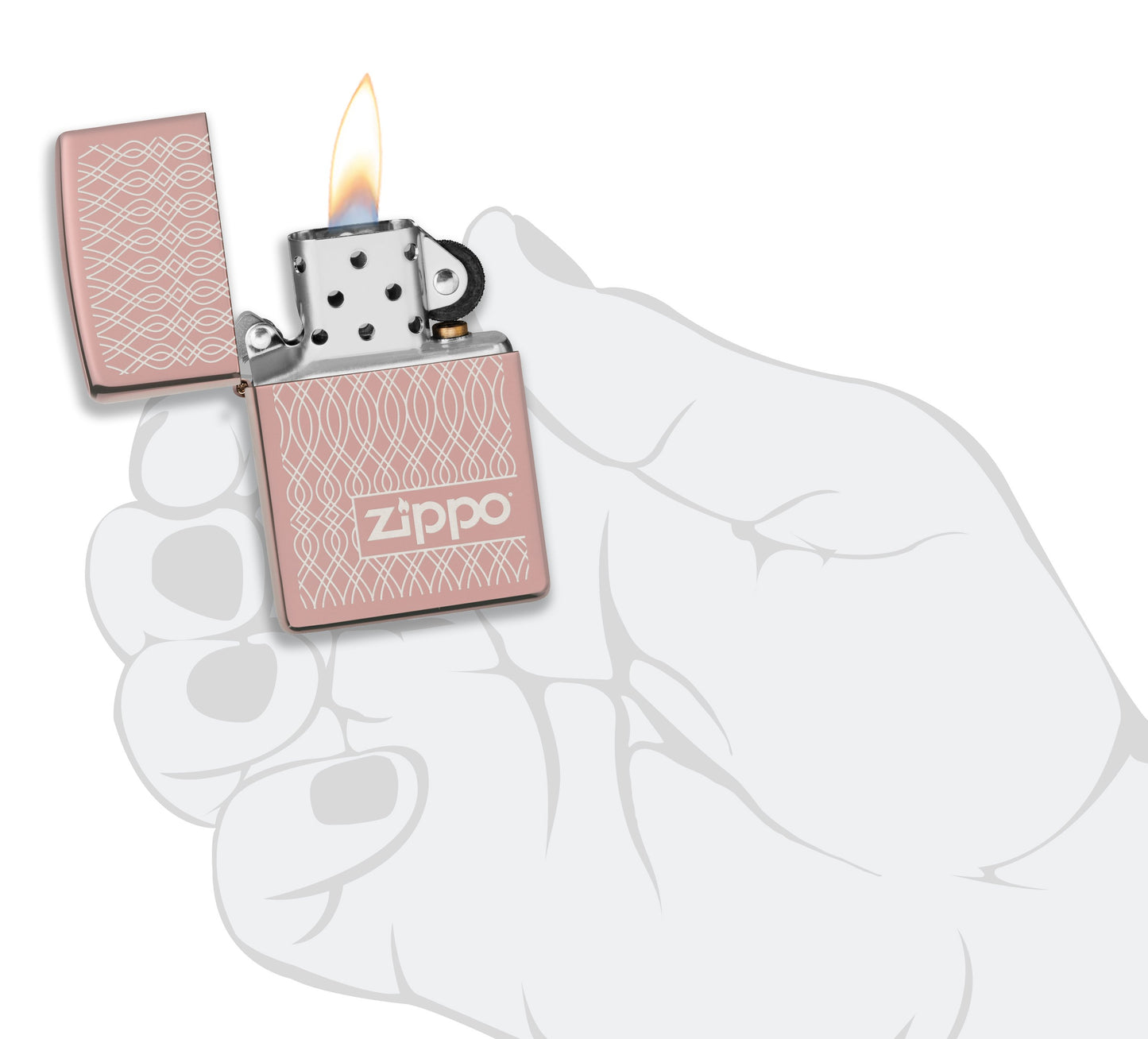 Zippo Feuerzeug hochglanzpoliert Rose Gold Geometric Pattern Wellen Logo Online Only geöffnet mit Flamme in stilisierter Hand