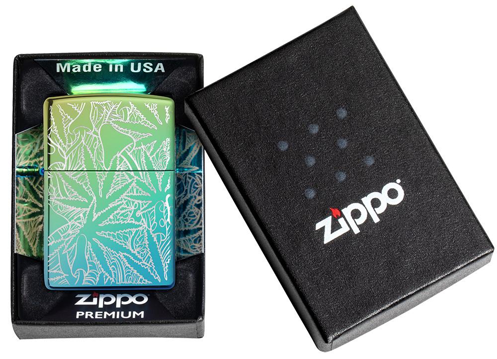 Zippo Feuerzeug 360 Grad Design Hochglanz Grün mit Hanfblättern und Pilzen in offener Premium Box
