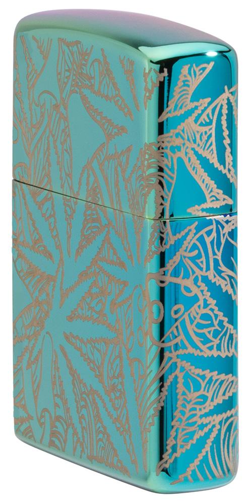 Seitenansicht Vorderseite Zippo Feuerzeug 360 Grad Design Hochglanz Grün mit Hanfblättern und Pilzen