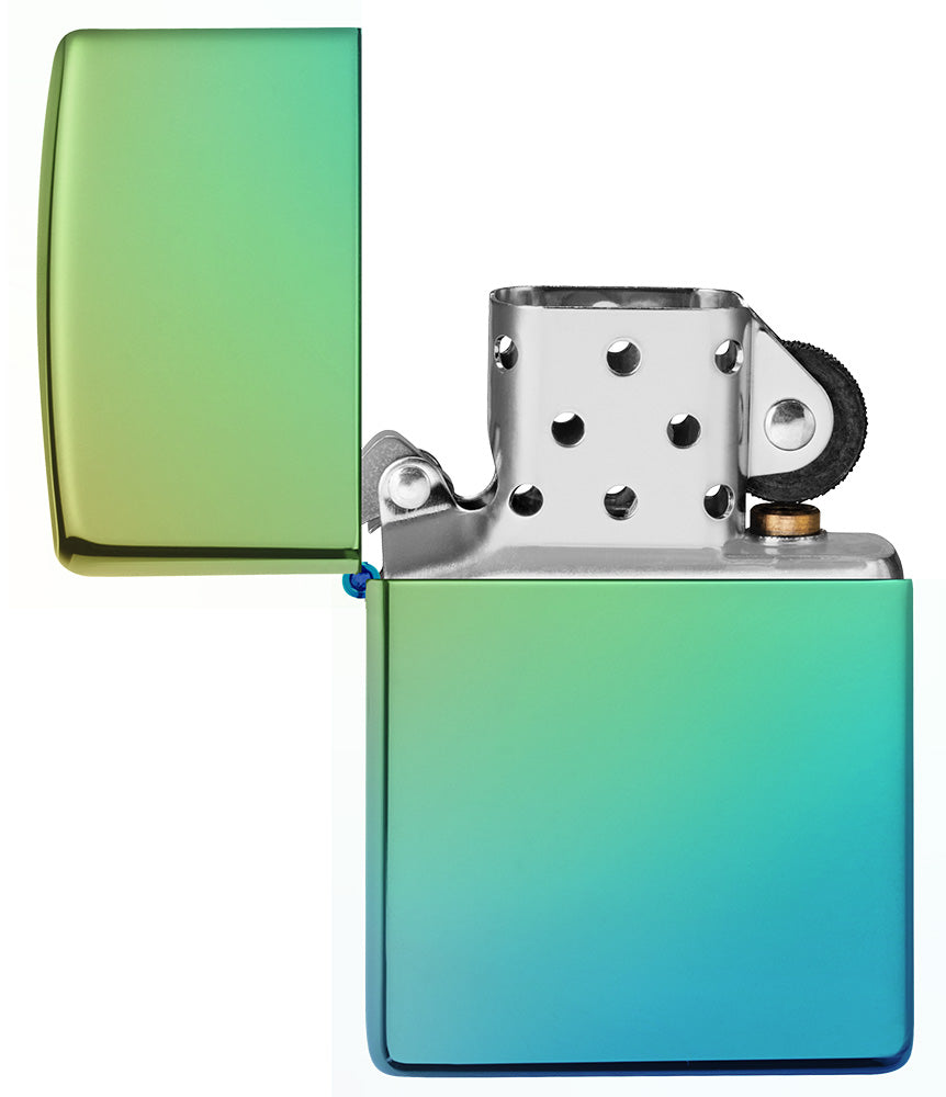 Zippo Feuerzeug Hochglanz grün blau geöffnet ohne Flamme
