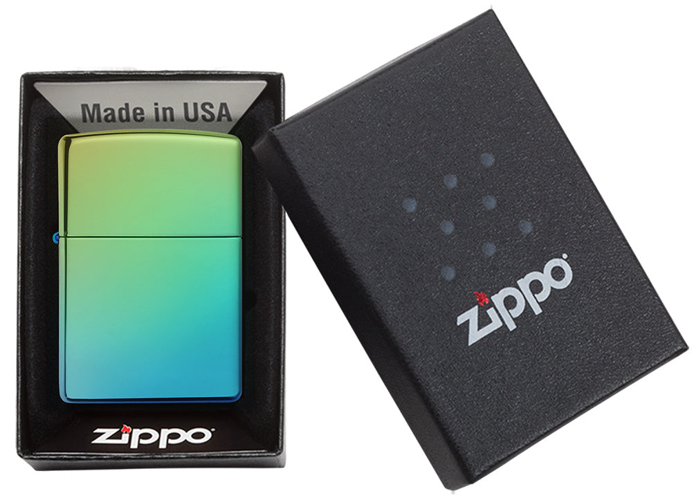 Zippo Feuerzeug Hochglanz grün blau in offener Schachtel