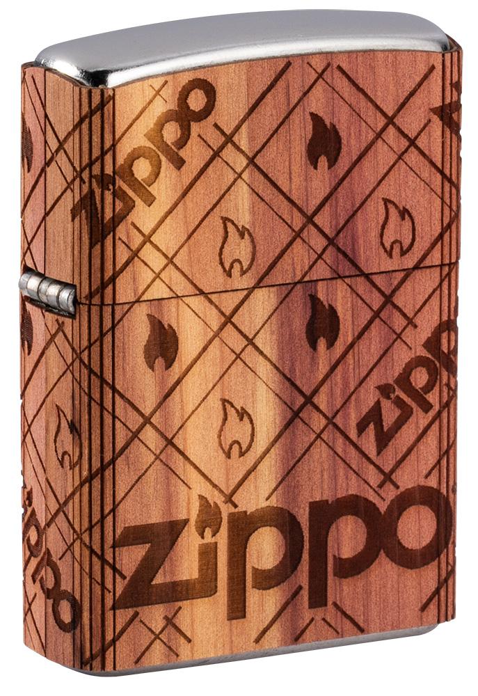 Frontansicht 3/4 Winkel Zippo Feuerzeug chrom Woodchuck Zippo Flame 360°