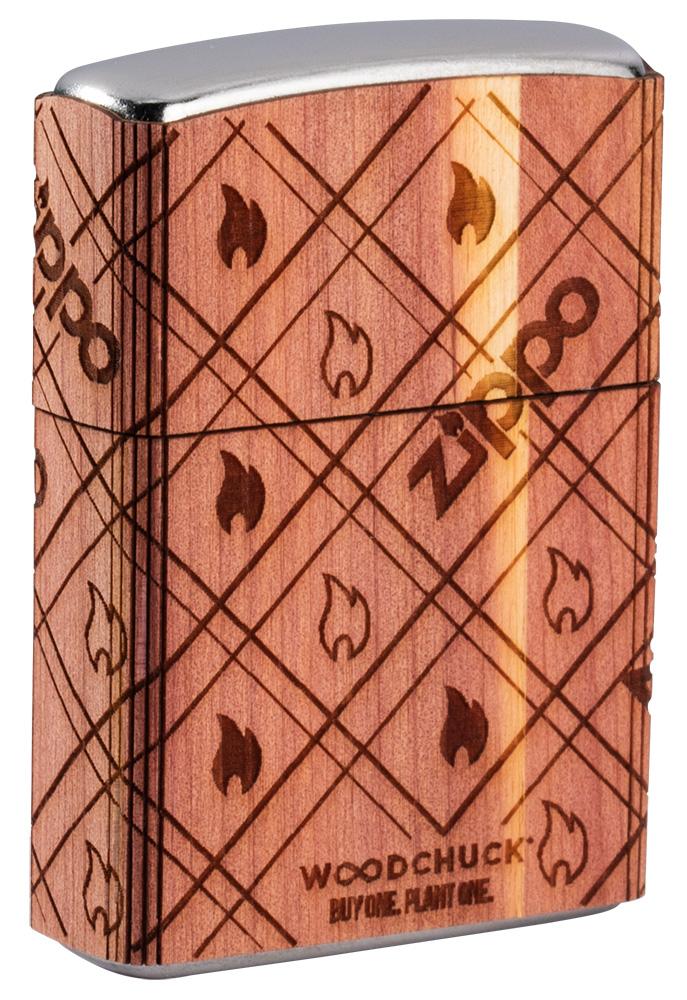 Seitenansicht hinten Zippo Feuerzeug chrom Woodchuck Zippo Flame 360°