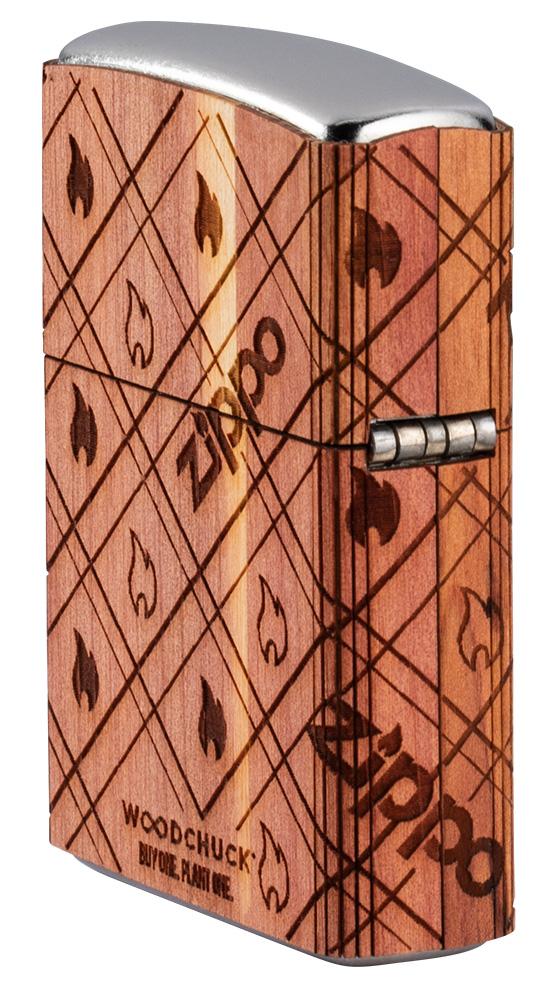 Seitenansicht hinten Zippo Feuerzeug chrom Woodchuck Zippo Flame 360°