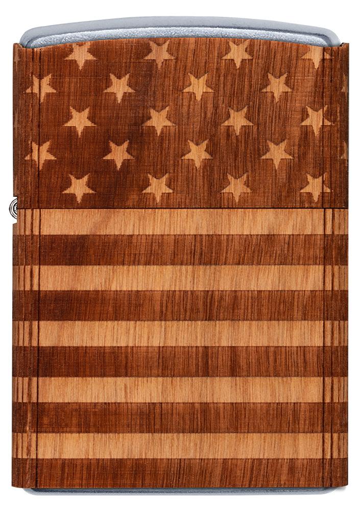 Frontansicht Zippo Feuerzeug chrom Woodchuck american Flag 360°