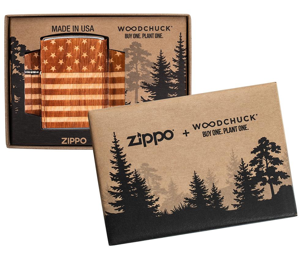 Zippo Feuerzeug chrom Woodchuck american Flag 360° in offener Geschenkbox