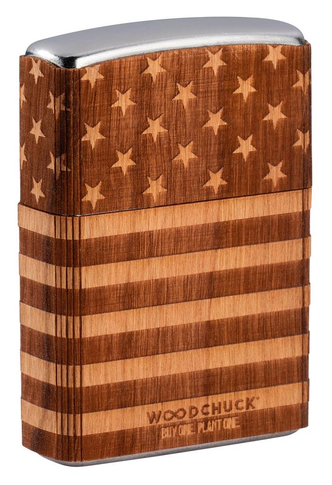 Rückseite 3/4 Winkel Zippo Feuerzeug chrom Woodchuck american Flag 360°