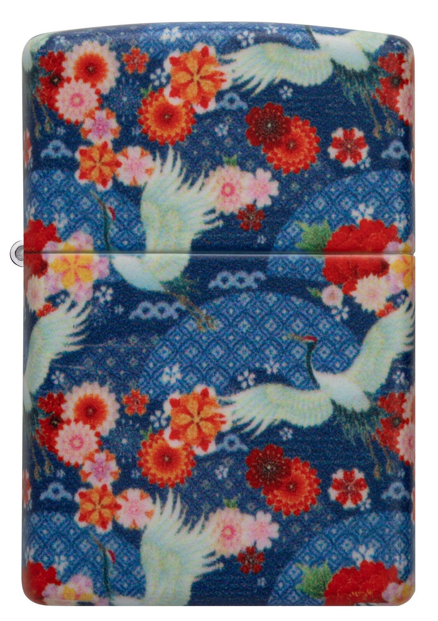 Frontansicht  Zippo Feuerzeug Kimono 540 Grad Design mit weißen großen Vögeln und roten Blumen