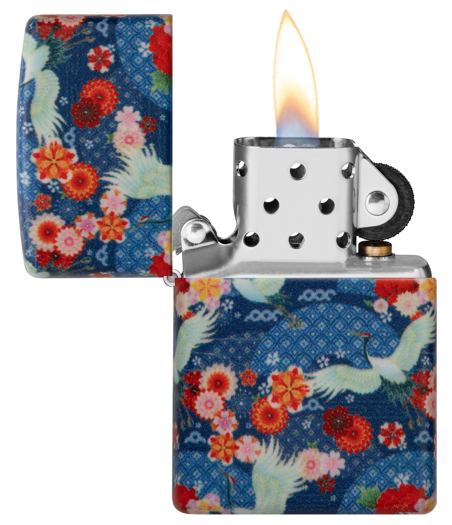 Zippo Feuerzeug Kimono 540 Grad Design mit weißen großen Vögeln und roten Blumen geöffnet mit Flamme