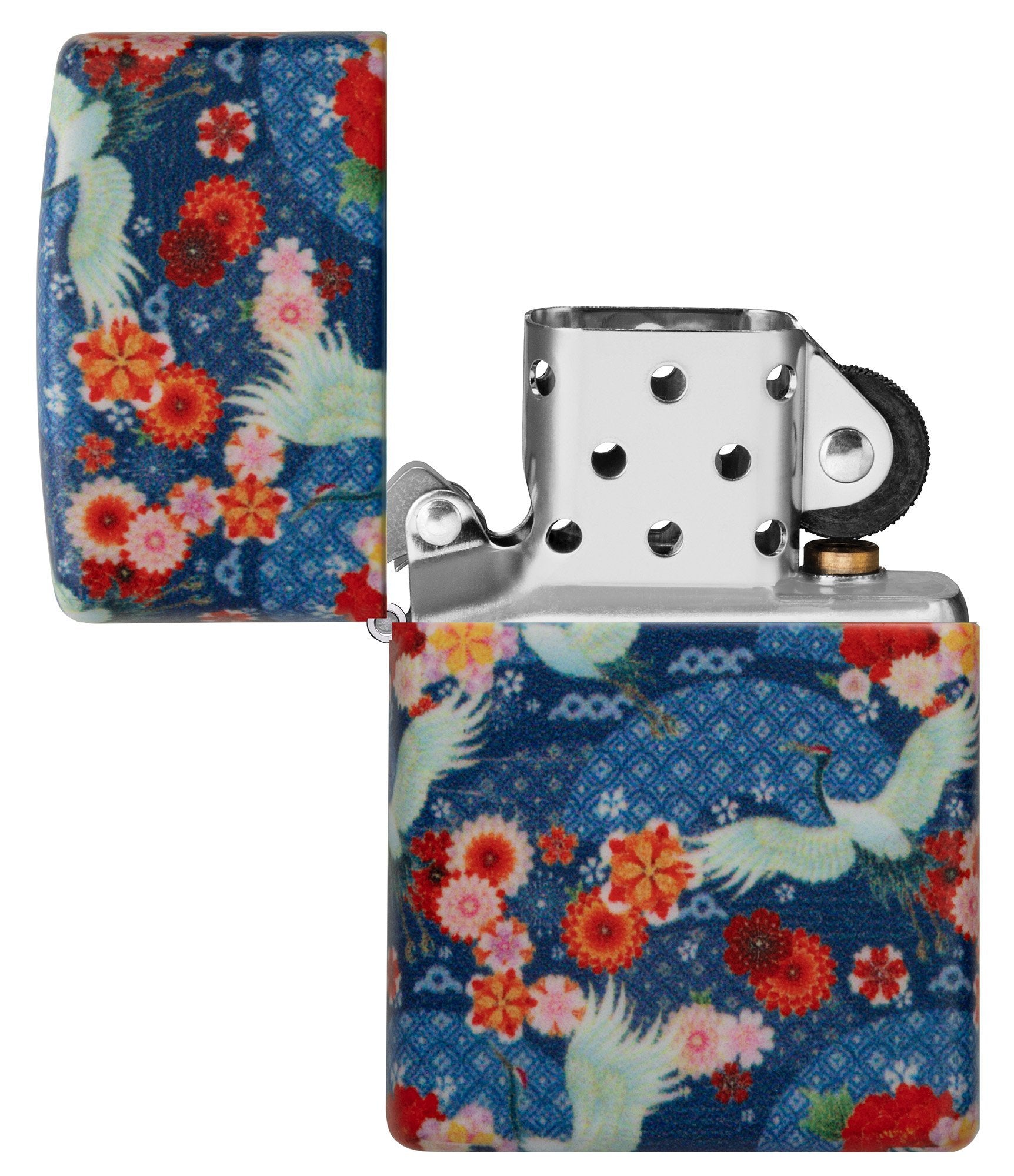 Zippo Feuerzeug Kimono 540 Grad Design mit weißen großen Vögeln und roten Blumen geöffnet ohne Flamme